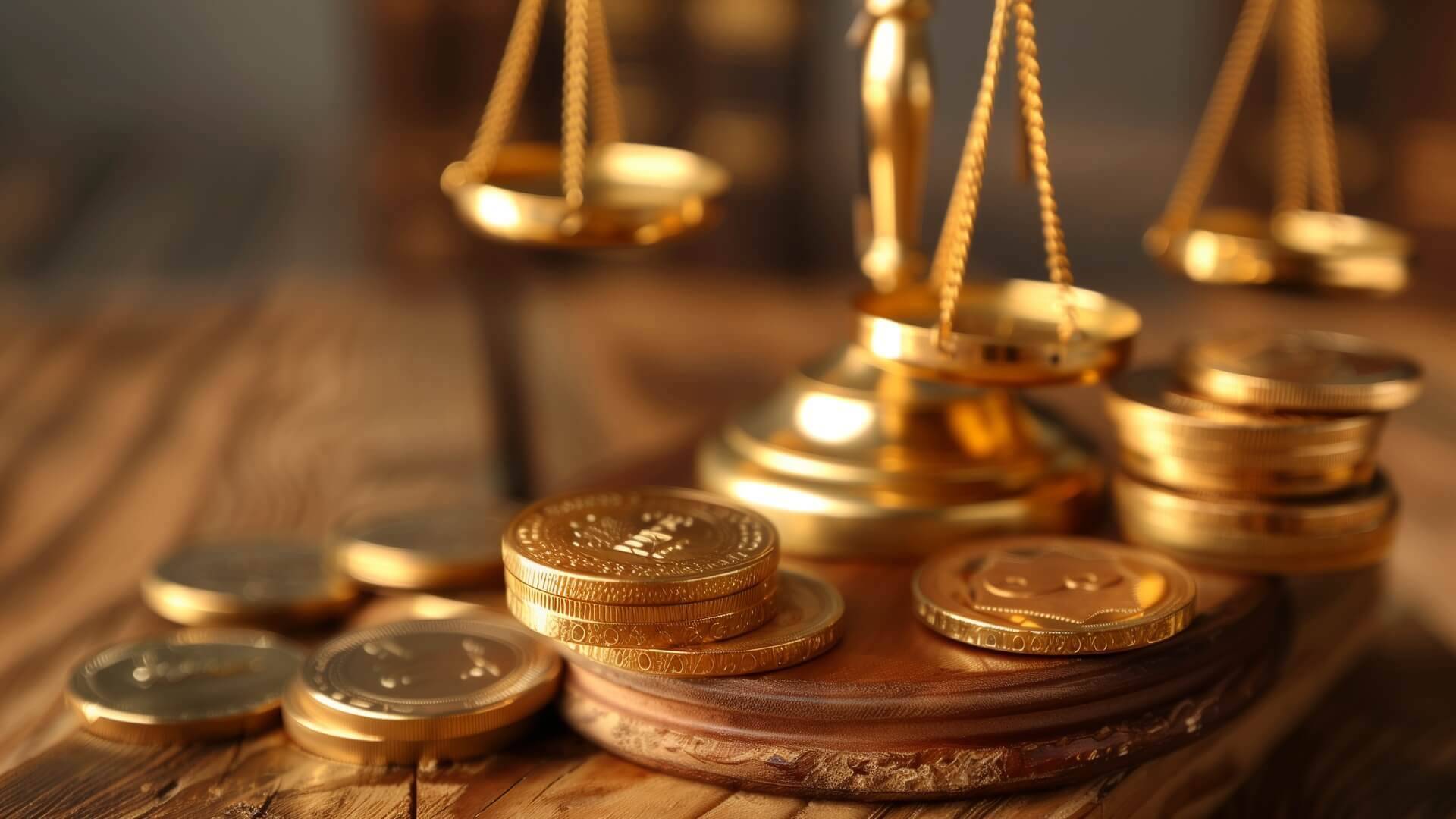 Holztisch mit M&uuml;nzen und Waage