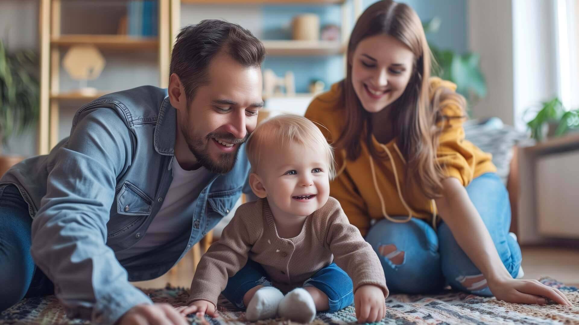 Gl&uuml;ckliche Familie mit Baby spielt.