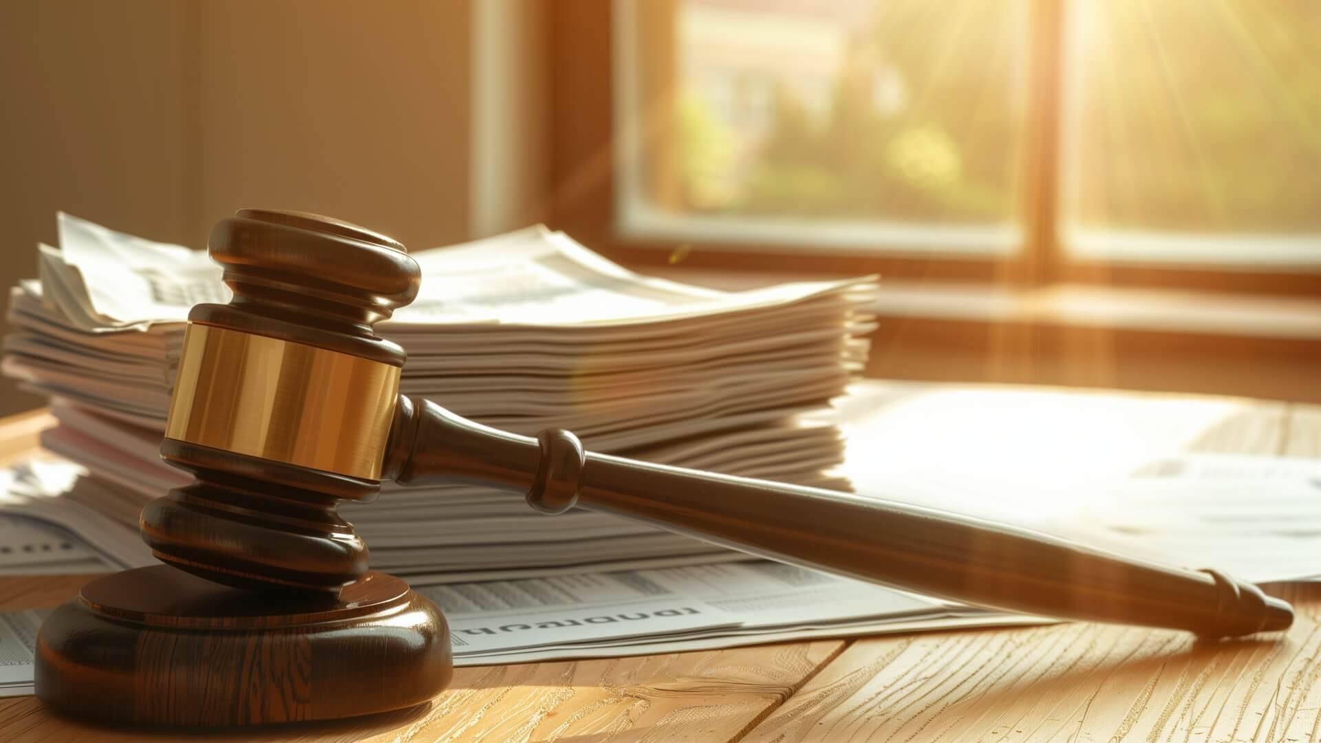 Richterhammer auf Holztisch.