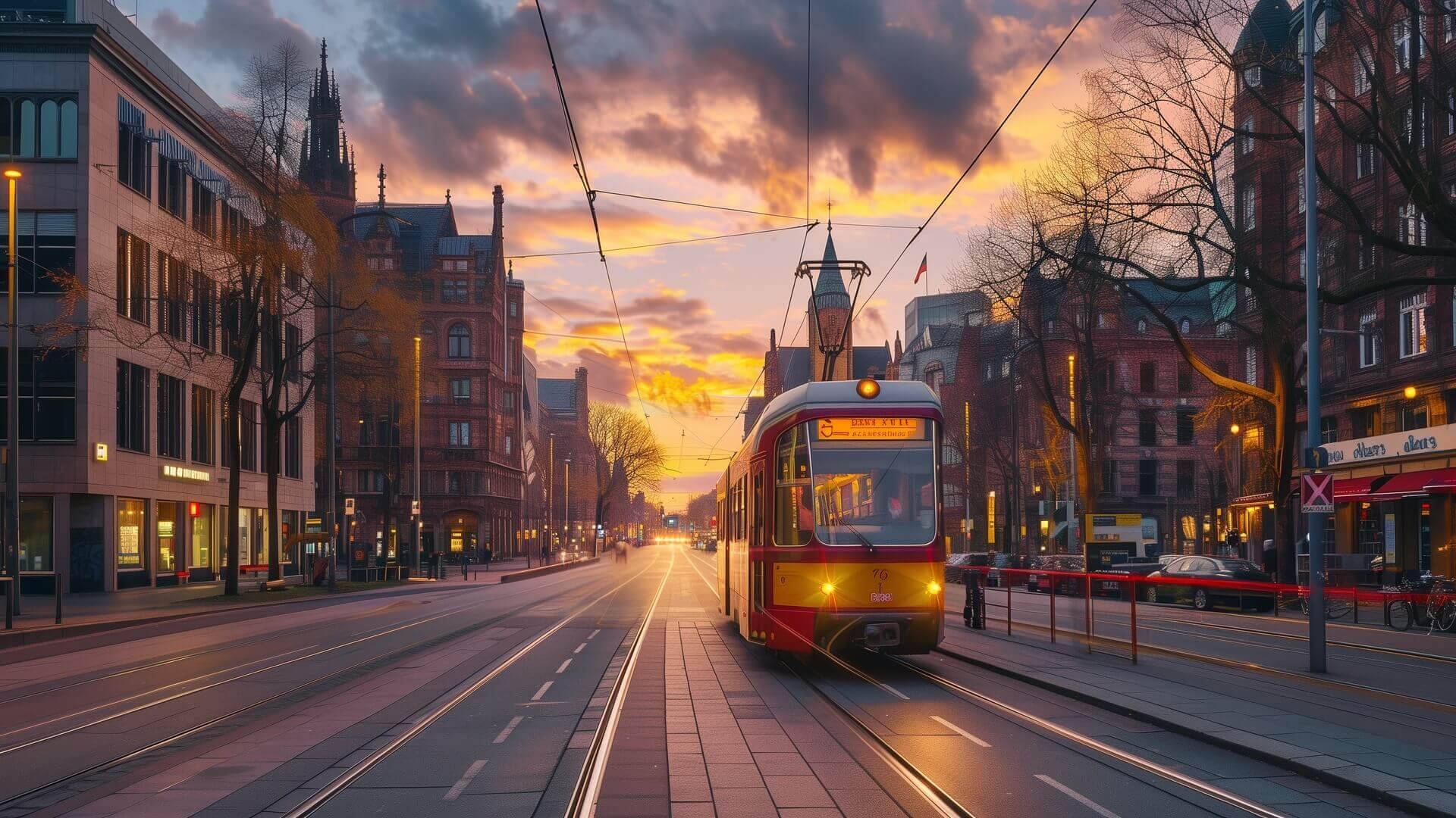 Geb&auml;ude, B&auml;ume und ein Zug.