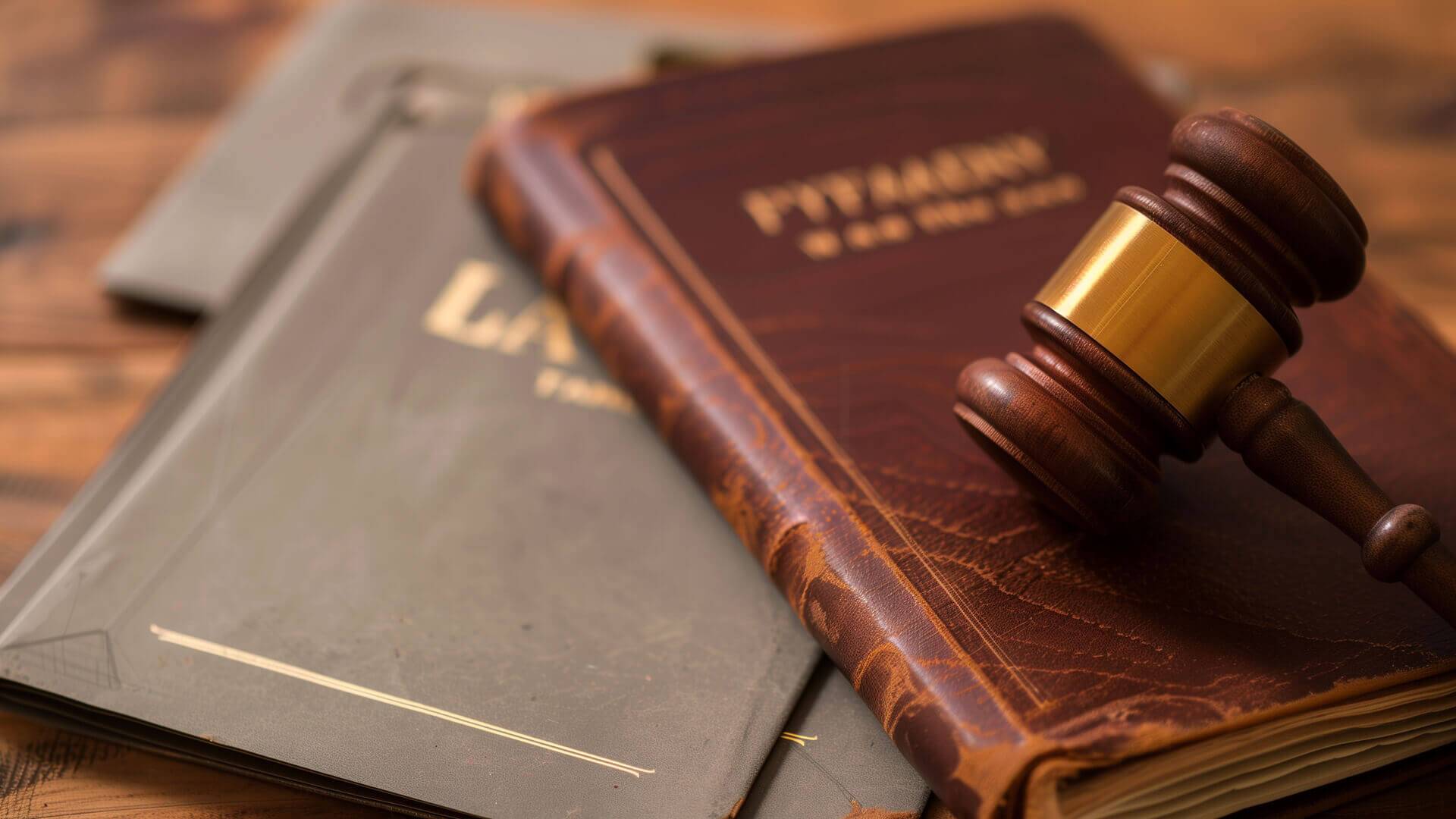 Holztisch mit Buch und Hammer.