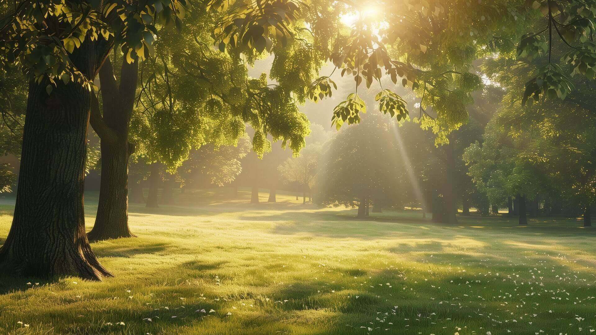 Sonniger Park mit B&auml;umen.